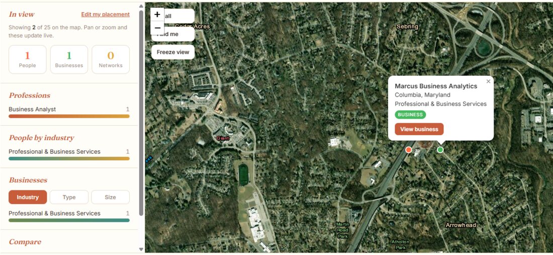 A registered business shown on the map with its own marker and a card giving its name, location, and industry.