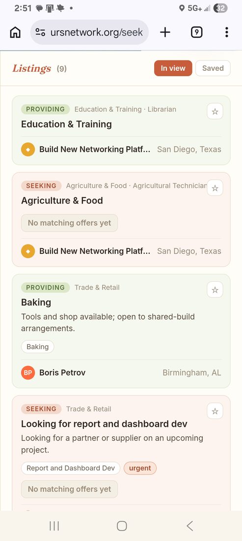 A mobile listings view of capabilities being provided and needs being sought, tagged by industry and location.