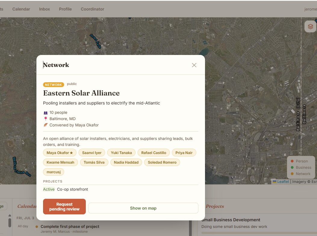 A network detail panel for a coalition, listing its members and active projects, anchored to a place on the map.
