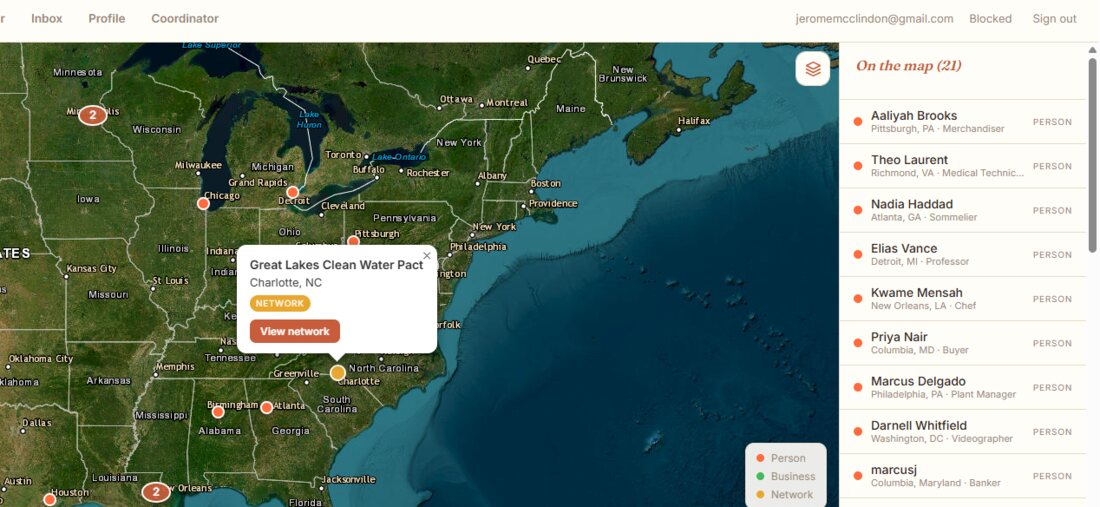 People, businesses and networks placed across a shared map of the eastern US, with a roster panel listing those in view.