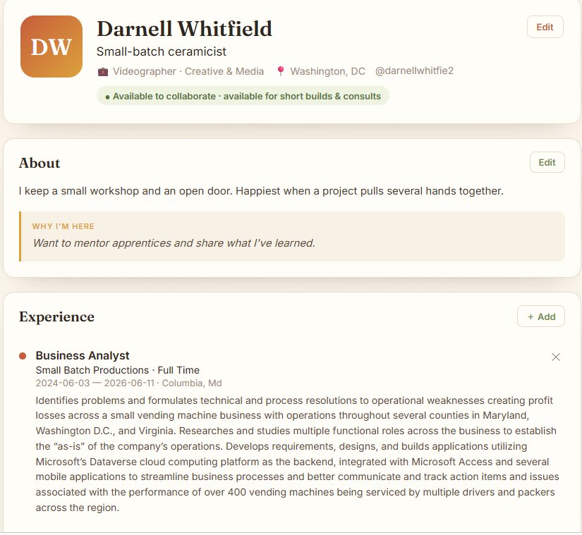A member profile showing an availability badge, an About section, and an Experience entry describing the role and skills used.